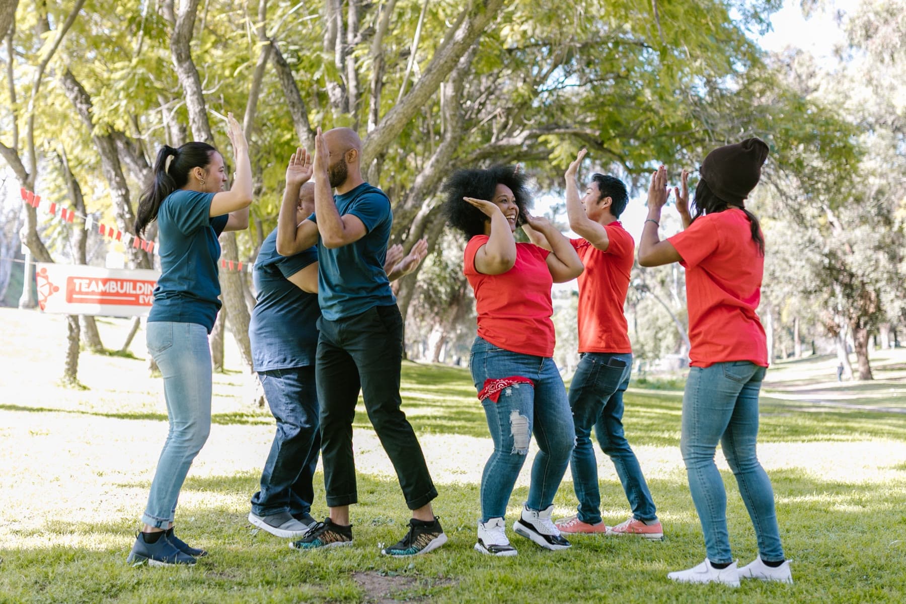 Group of friends high-fiving in a sunny park